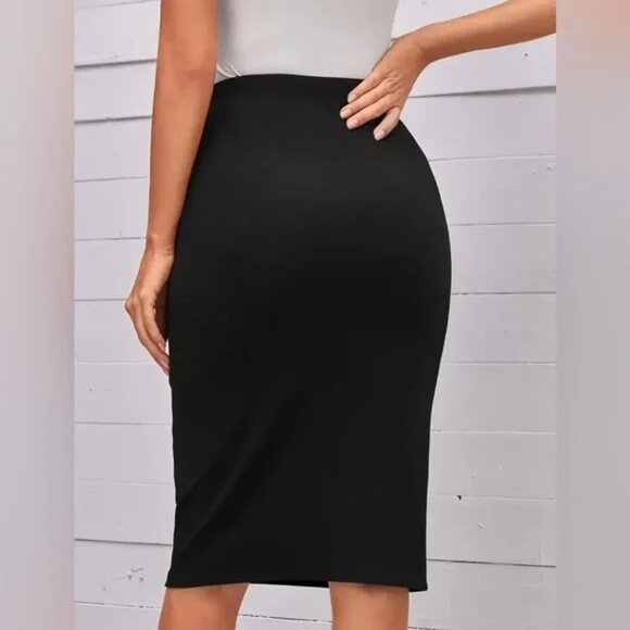 Solid Color Knee Length Sheath Skirt, Elegant High Waist Skirt - Picture 2 of 4